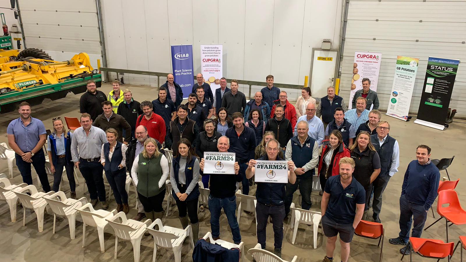 Attendees at NIAB Potato Day showing their support for the #Farm24 campaign