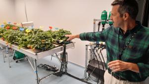 Niab staff member explaining work in a growth room Niab staff member explaining work in a growth room