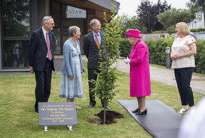 HM The Queen meets the grandchildren, Kathleen Abbott and Professor Lawrence Weaver, of NIAB's founder Sir Lawrence Weaver