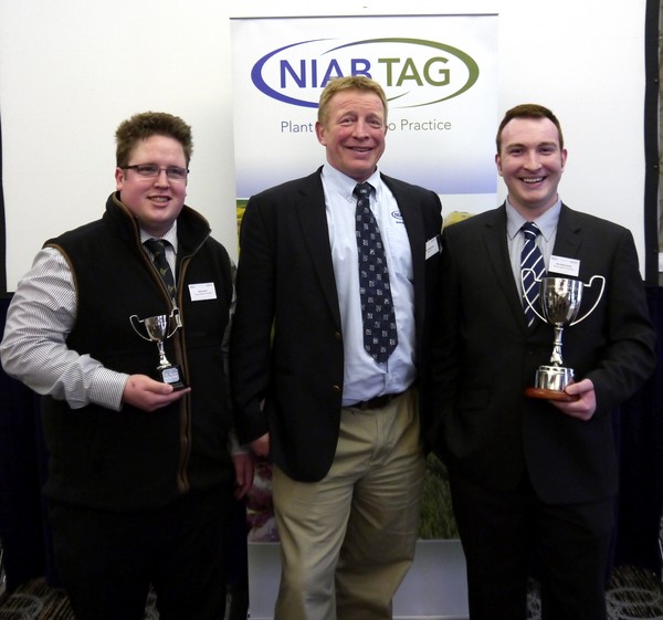 NIAB TAG’s Patrick Stephenson congratulates Robert Hosker and Alex McCormack on winning the NIAB TAG Agronomy Cup 