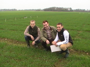 Ben Gooding, Alexander McCormack and Howard Tratt checking their competition plots at the NIAB TAG Harper Adams trials site (Rob Hosker not present).